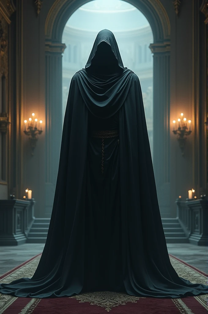 uma lenda, a powerful being, with a mysterious black hood in a majestic castle
