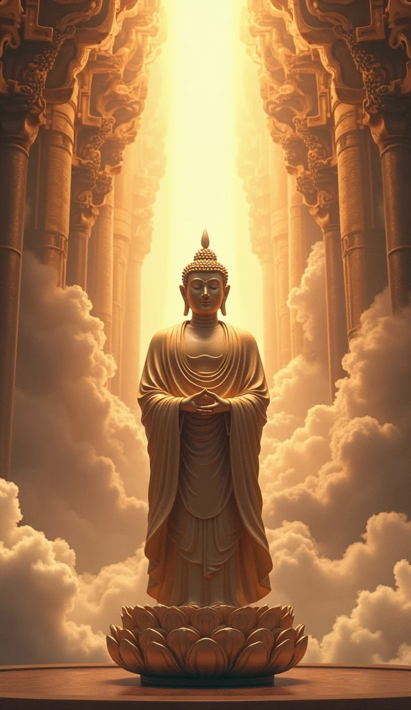 Create an image of a Buddha statue representing the Tathagata (Suchness) or Buddha of Great Enlightenment. The statue should be depicted in a grand and majestic setting that conveys a sense of supreme divinity and transcendence. The background should include celestial elements, such as radiant light, ethereal clouds, and intricate, sacred architecture that reflects a divine realm. The overall atmosphere should evoke a sense of spiritual elevation and liberation, symbolizing the Buddha’s role in guiding beings towards ultimate transcendence and liberation from worldly attachments.





