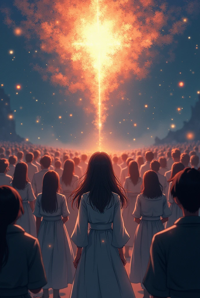 The awakening crowd,community,His eyes are shining,Light is shining from the eyes,Japanese style anime woman