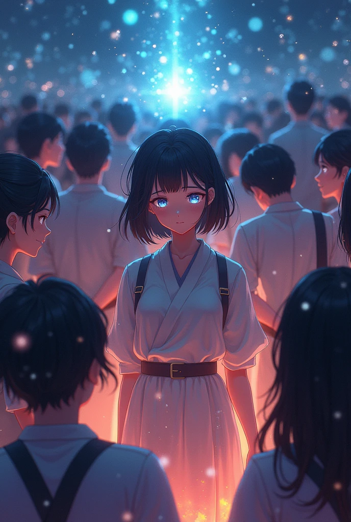 The awakening crowd,community,His eyes are shining,Light is shining from the eyes,Japanese style anime woman