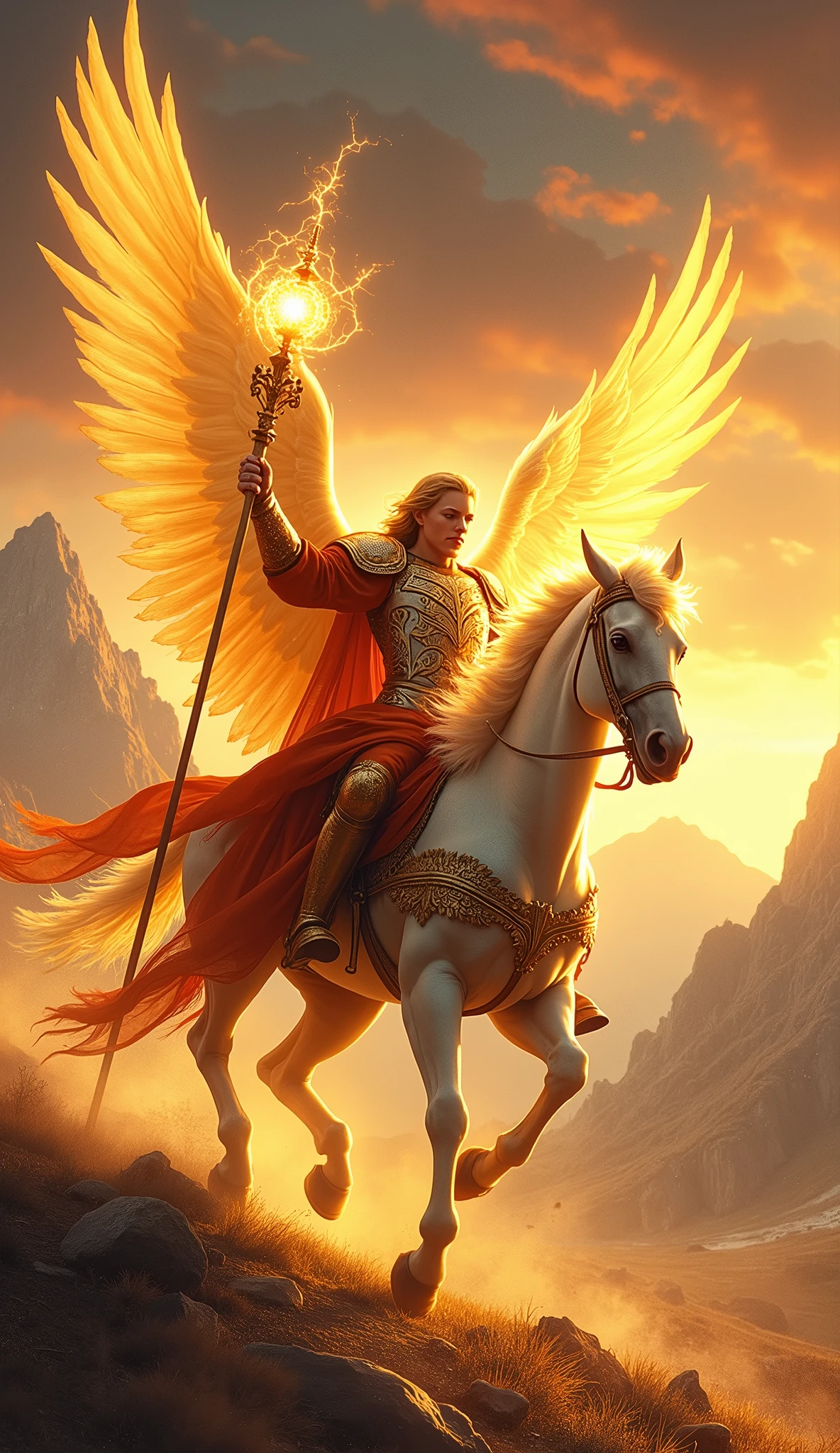 Design a hyper-realistic and striking image for the Knight of Staffs in the Lumen Angelis Tarot deck. The scene features a powerful angelic warrior, the Knight of Staffs, in full motion, riding a majestic, ethereal horse. The horse is mid-gallop, its hooves barely touching the ground, as if it’s flying just above the earth. Both the knight and the horse are bathed in a dynamic golden light, radiating energy and determination.
The knight holds a glowing staff of light firmly in one hand, raised high as a symbol of power and purpose. The staff is intricately designed, with spiraling patterns of energy swirling around it, and at its tip, a brilliant orb of light pulses with raw potential. The knight’s armor is a mix of celestial metal and flowing fabric, shining with hues of gold, red, and orange, symbolizing the fire and passion of their mission. The angel’s wings are fully extended, massive and awe-inspiring, with feathers that catch the light in a way that makes them seem almost ablaze.
The knight’s face is set in a determined expression, eyes focused on the path ahead, representing courage, action, and the willingness to face challenges head-on. The landscape around them is dramatic and windswept, with mountains in the background and a trail of light left in their wake, indicating the speed and intensity of their journey. The sky above is a vibrant blend of oranges and reds, reflecting the fiery energy of the knight.
The image should capture the essence of motion, power, and fearless pursuit, making the Knight of Staffs a symbol of unstoppable energy and the drive to achieve one’s goals. This card should reflect the traditional symbolism of the Rider-Waite Knight of Wands, while being enhanced by the divine and luminous qualities unique to the Lumen Angelis deck.