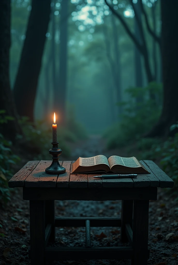 Black book, extended four-legged table, lit candle, pen lying down, dark forest landscape.