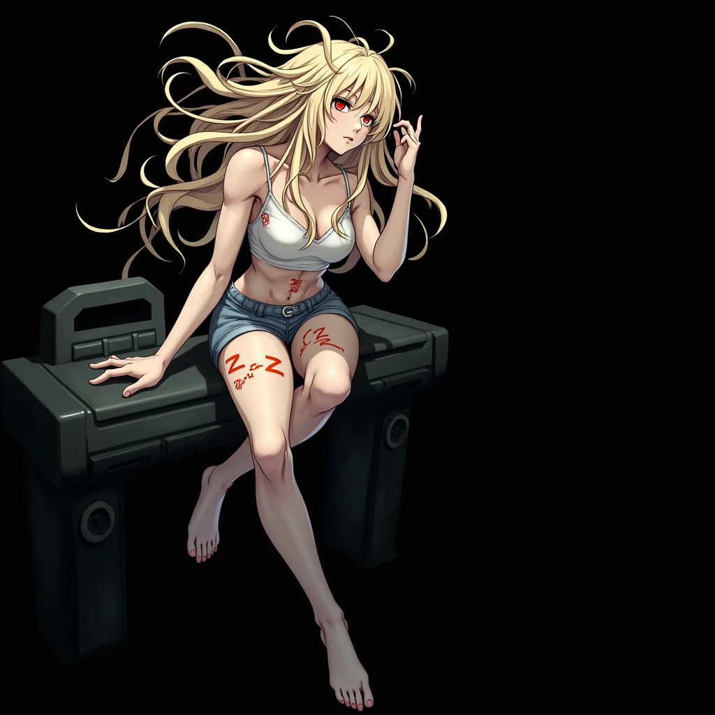 girl, blonde hair, disheveled hair, short girl, strong girl, bangs to one side, messy hair, long hair, ochre eyes, zzz style, game, sitting, Belobog Industries, red drawings on the body, proportional body, teenage body, modern clothes, dull clothes, beautiful figure