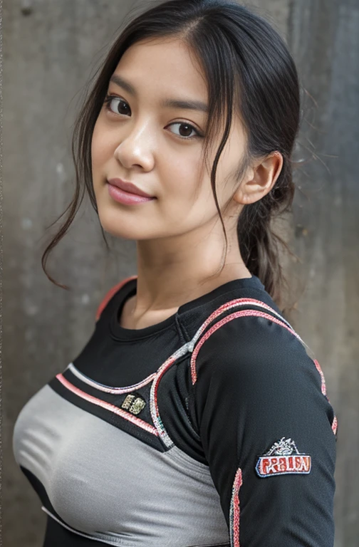 Best image quality, Great details, Ultra-high resolution, (realism: 1.4), ((close:0.75)), A very condensed woman, Beautiful and delicate facial features, Expressive、A breathtakingly beautiful body、Breathtakingly beautiful skin、Perfect Proportions, Target your audience, ((Target your audience)), (slim、:0.3, Large Breasts), (Fabric color base ratio Black:0.4 White:0.5. Other colors:0.1), (Wear a rash guard、I like police uniforms, Black and grey mech, Wearing a high-tech nylon military suit, ), captain, Background Simple gray wall,Sexy pose、Unstoppable orgasms突き抜けるオーガズム、Unstoppable orgasms、Pleasure、Pleasure、Ahan、Ahan、Screwed、