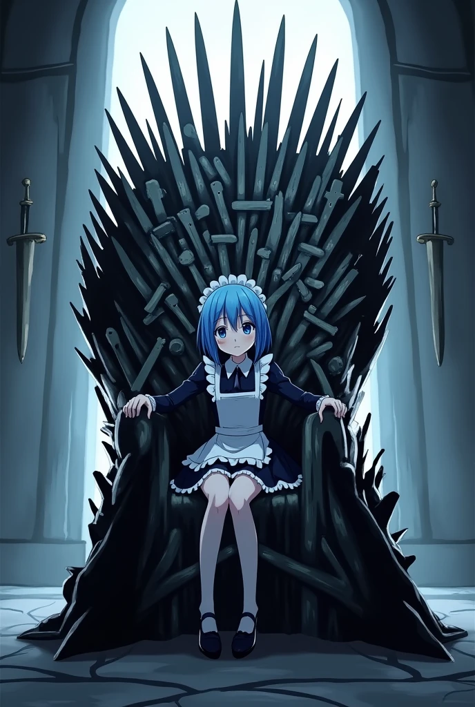 Rem from rezero sitting on the Iron Throne from Game of thrones.
