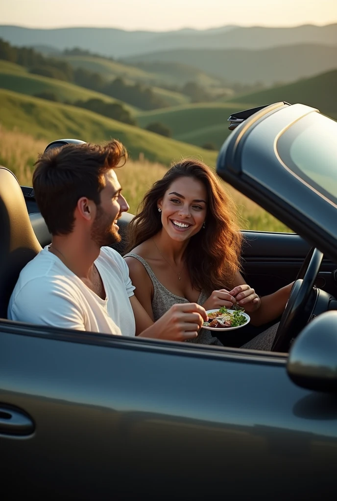 Two best friends eat in a Porsche 911 in America