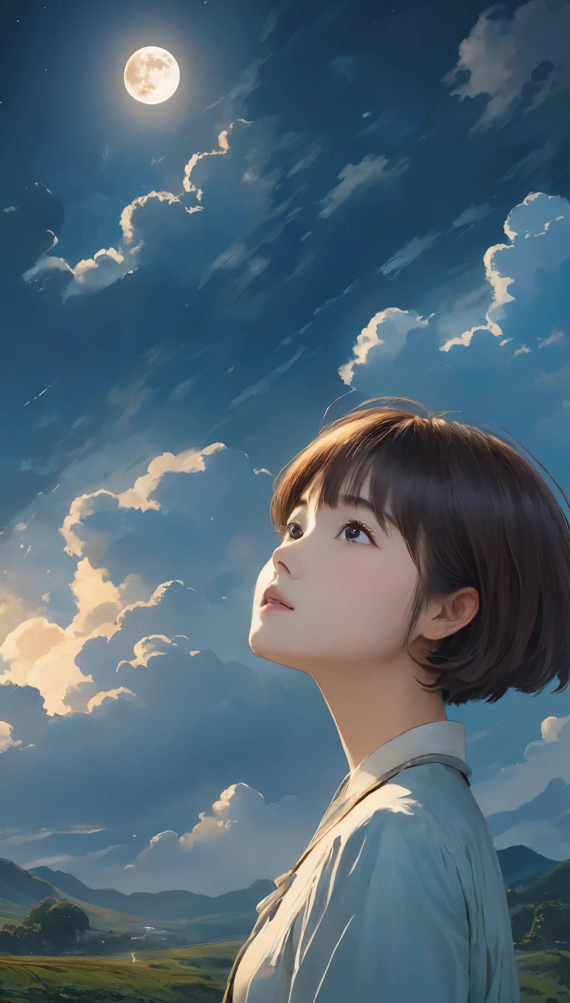 masterpiece、Highest quality、1.woman、20-year-old、((short hair))、Surrealism、Depression、Looking up at the sky、Cloudy、moon