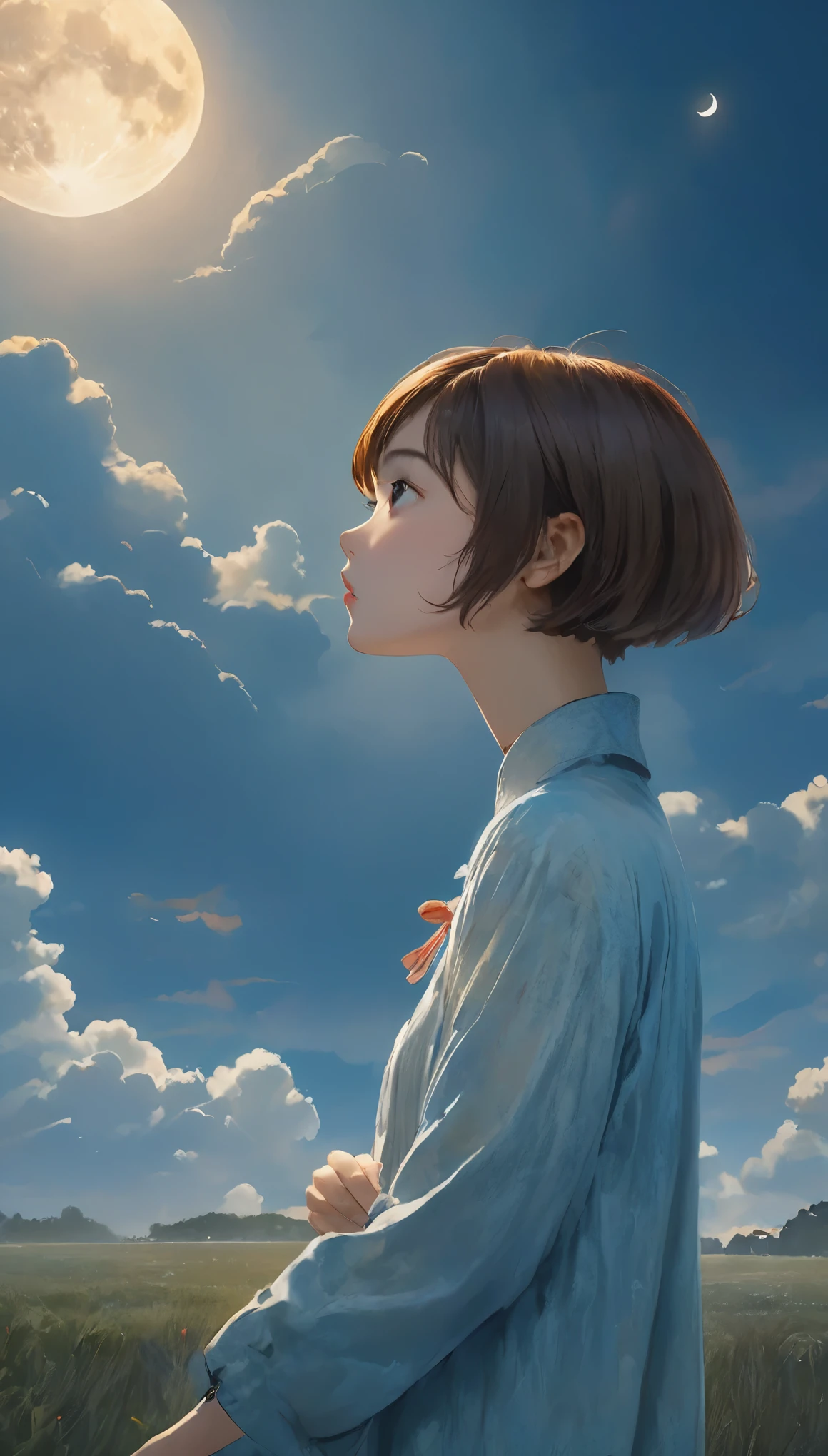 masterpiece、Highest quality、1.woman、20-year-old、((short hair))、Surrealism、Depression、Looking up at the sky、Cloudy、moon