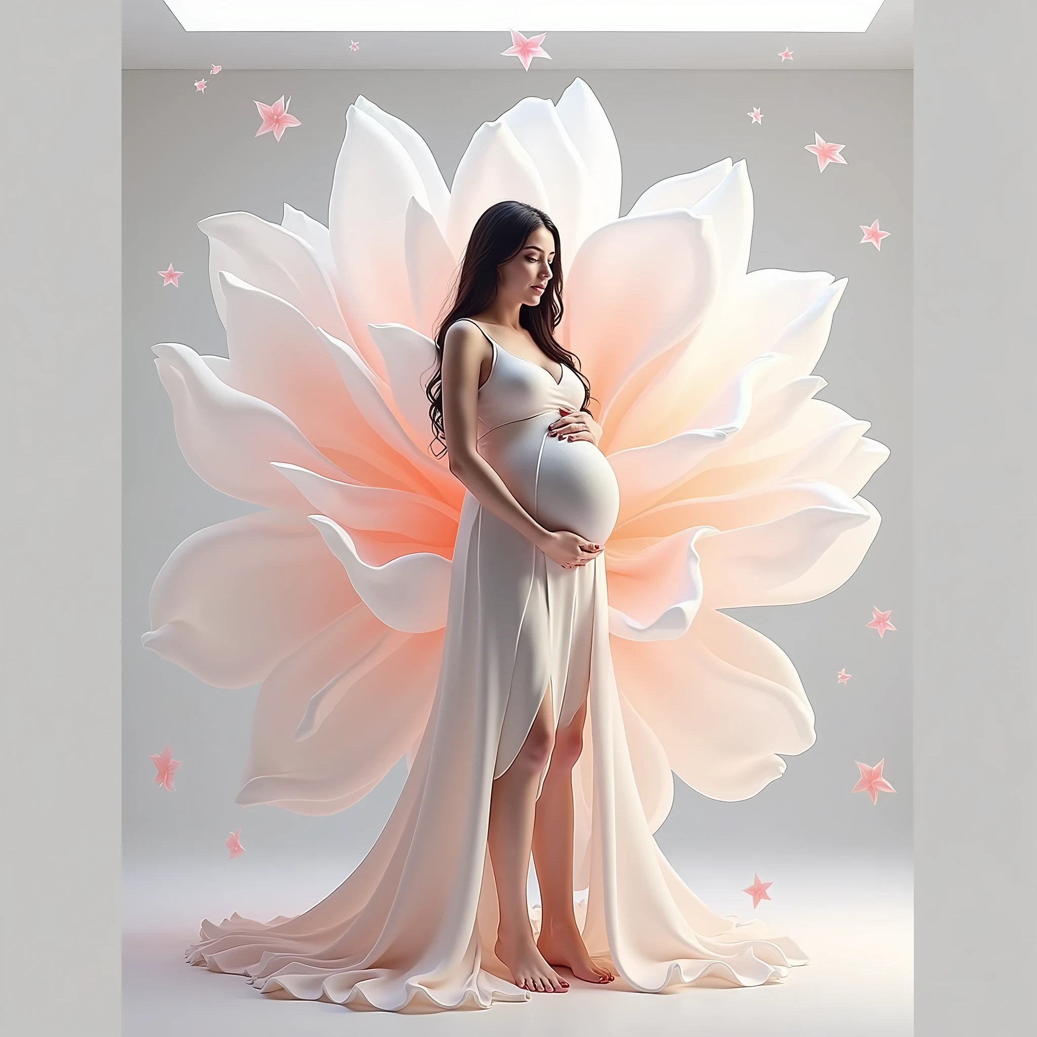 pregnant woman very big flower in background model marge with background some flower leaf comming on model , leaf flowting in air , white background, flower should be red , red flower , girl marge in background with flower pregnant woam covoer with flower , very beautful effect like a dreamy 