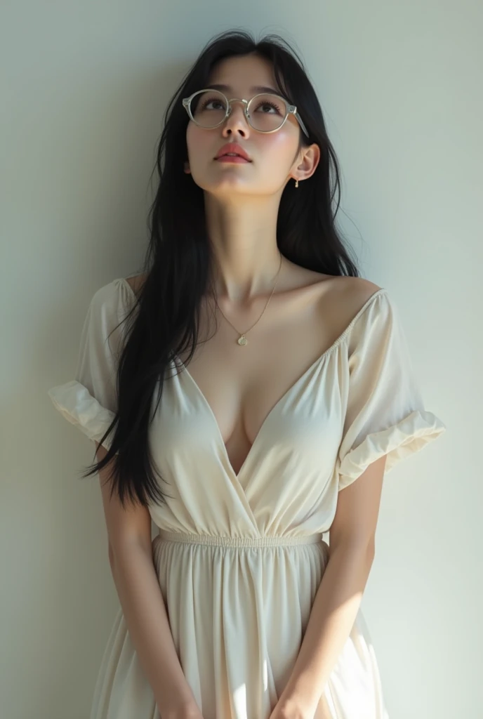 (Wearing glasses:1.4), Long Black Hair, Wearing a thin, Lightweight long shirt dress, 輝く目でlook up、Eyebrows hidden under hair, Full body portrait, One person, Anatomically correct, vision, High resolution, Portrait Photography, Straight Hair, Small breasts, hair band, look up, (Highest quality,4K,8k,High resolution,masterpiece:1.2),Very detailed,(Realistic,photoRealistic,photo-Realistic:1.37),Erect nipples