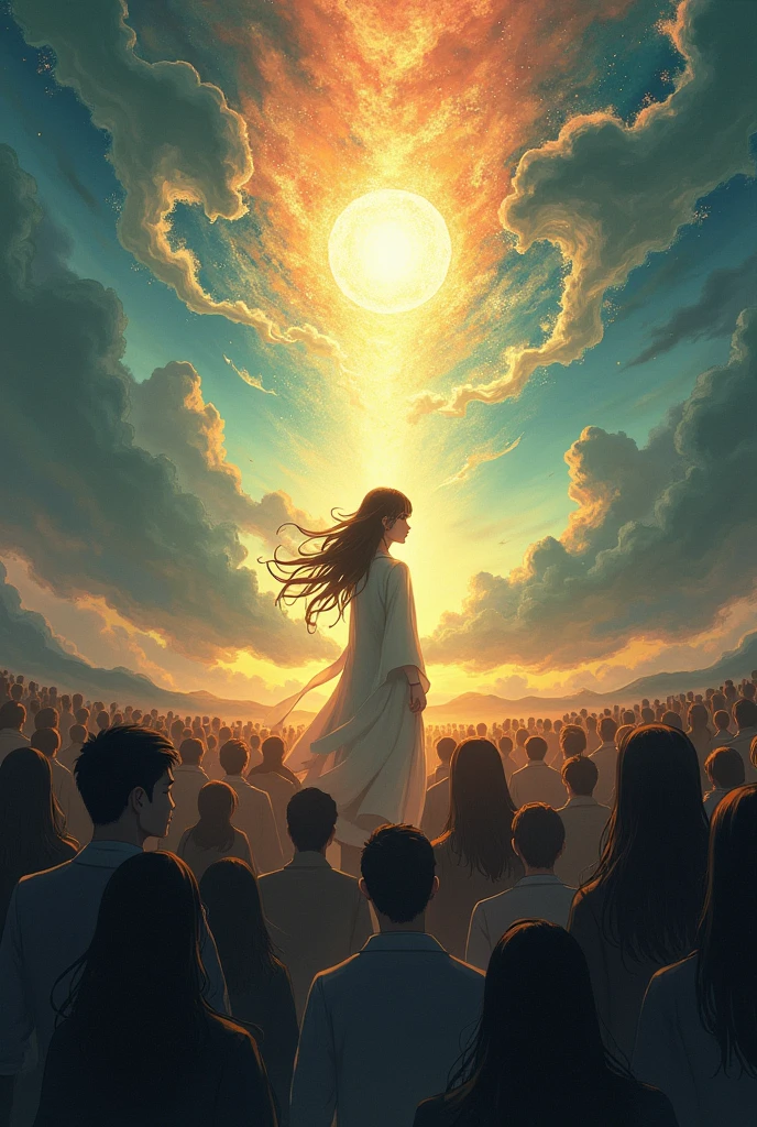 The awakening crowd,His eyes are shining,Light is shining from the eyes,Japanese style anime woman