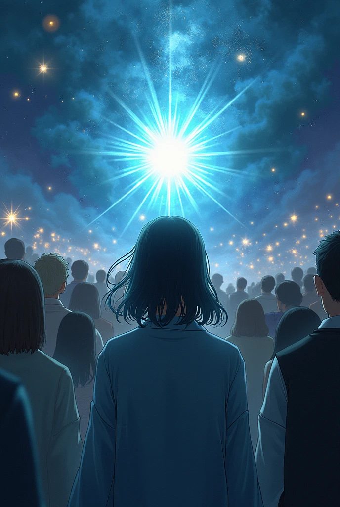The awakening crowd,His eyes are shining,Light is shining from the eyes,Japanese style anime woman