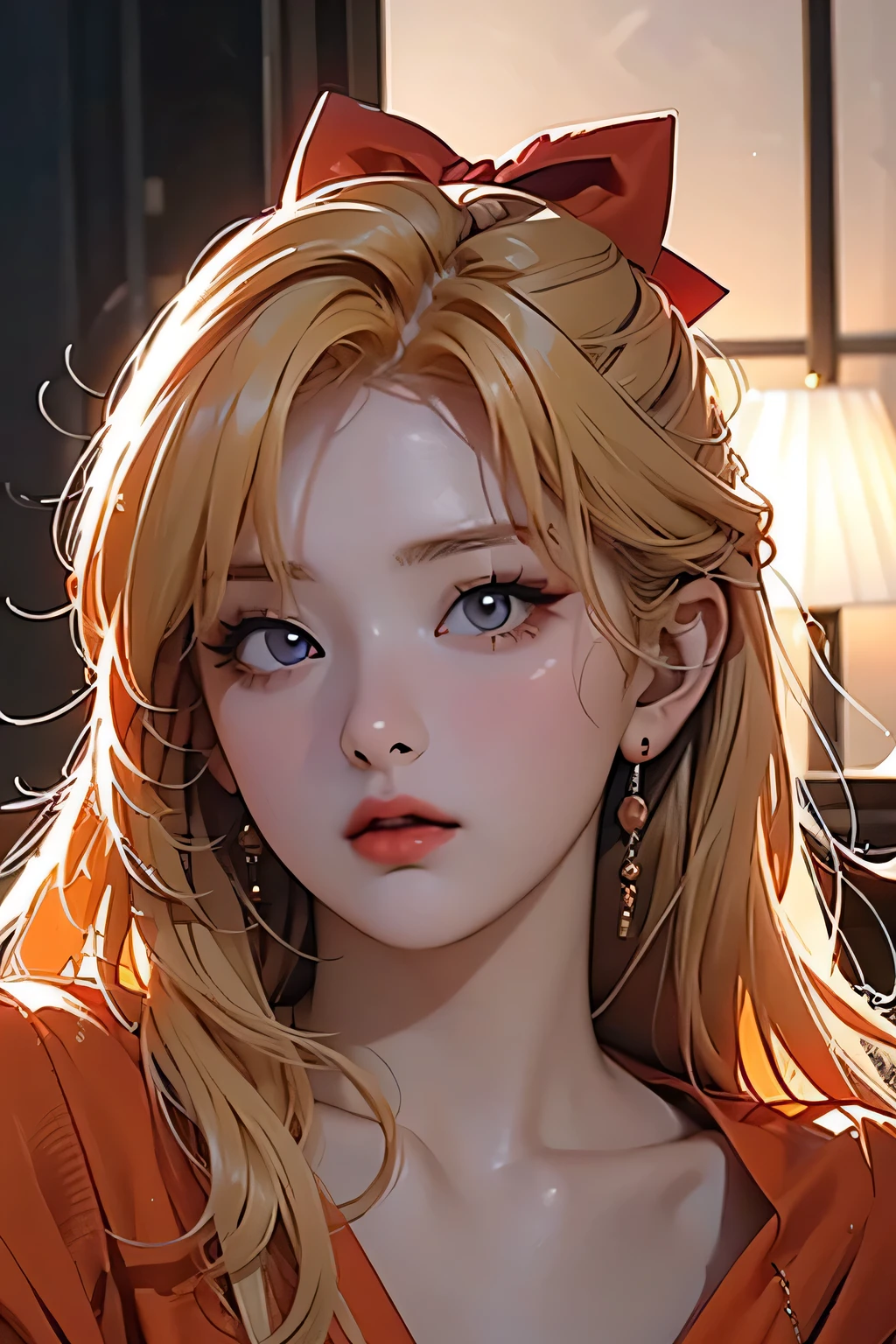 Seulgi, orange satin dress, long blonde hair, red hair bow, beautiful detailed eyes, beautiful detailed lips, extremely detailed face, longeyelashes, elegant pose, dramatic lighting, cinematic, chiaroscuro, dramatic shadows, moody, atmospheric, photorealistic, 8k, best quality, masterpiece