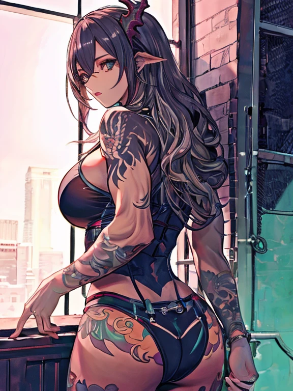 Highest quality,  Ultra-high resolution, Detailing, From behind, Beautiful woman, Big ample breasts, Full back dragon tattoo, Fluffy clothes, Toned, muscular body,