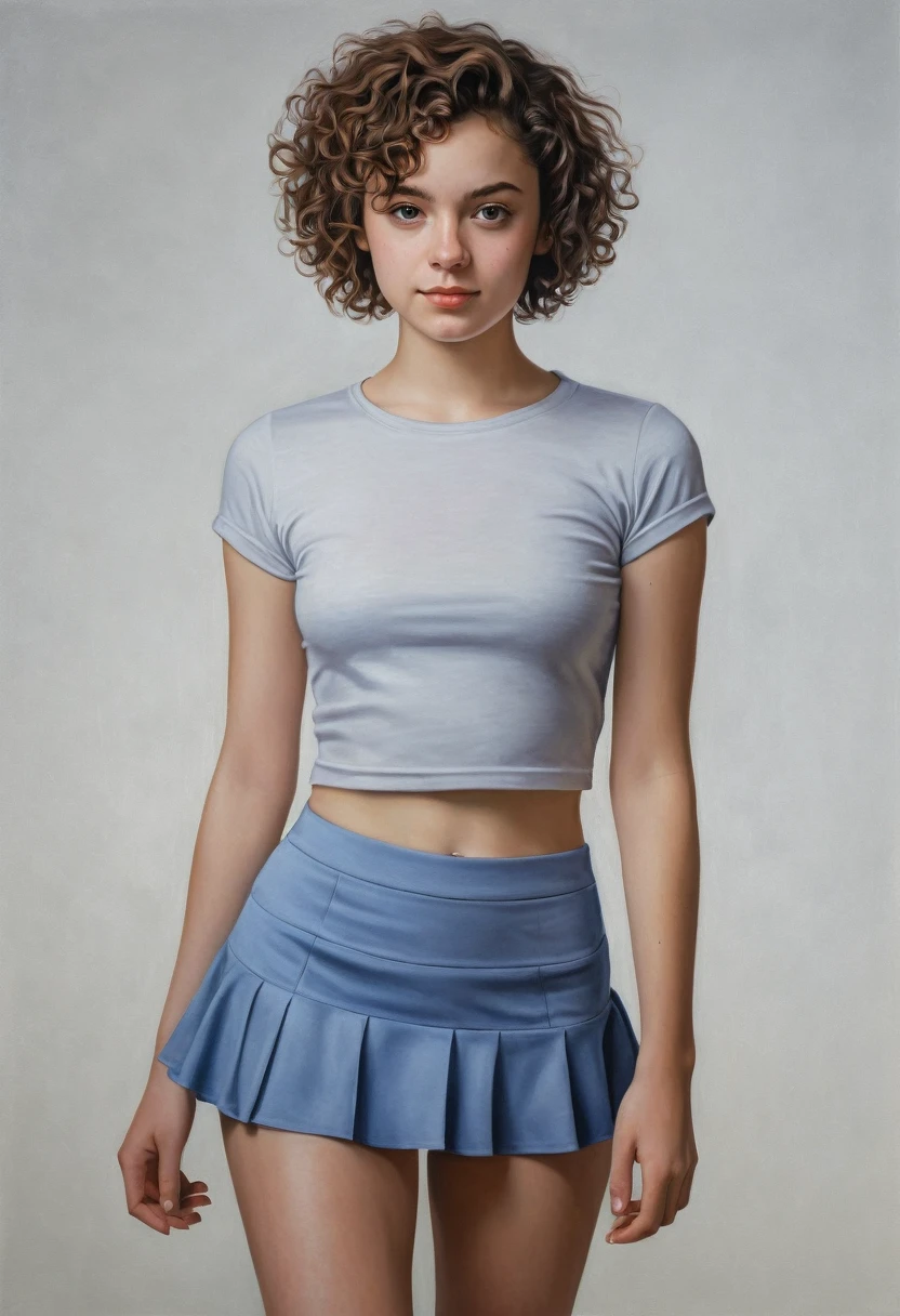 Super realistic and realistic solo portrait depicts a age girl with short curly hair and wearing a tight short shirt and a super short tight skirt