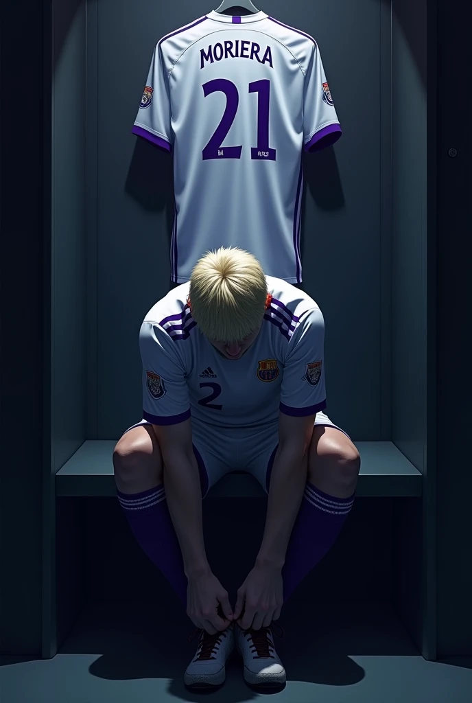 Make an image of ONE player tying his boots alone, with lights completely obscuring his face and him with short, light blonde hair, the locker room is dark and the spotlights are shining on him and the Galados City team, uniform in white and purple colors and I want you to put a shirt behind and on top of it with the number 21 and the name MOREIRA. Make your surroundings completely dark. LET HIM keep his head completely down and focused, and I just want 1 shirt behind him