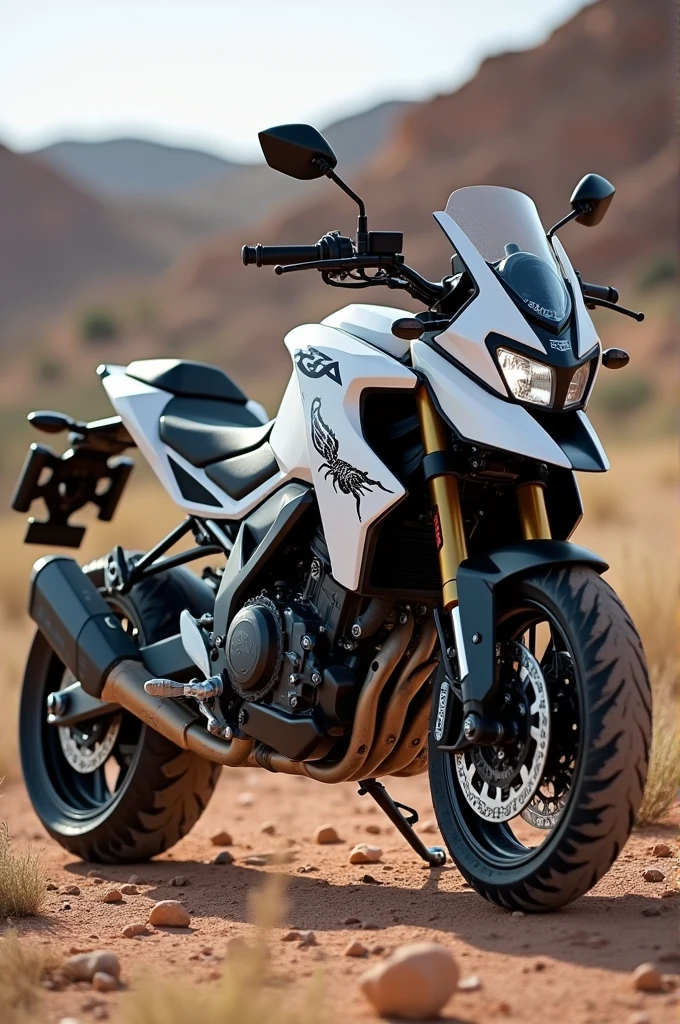 White off-road motorcycle with a scorpion sticker 