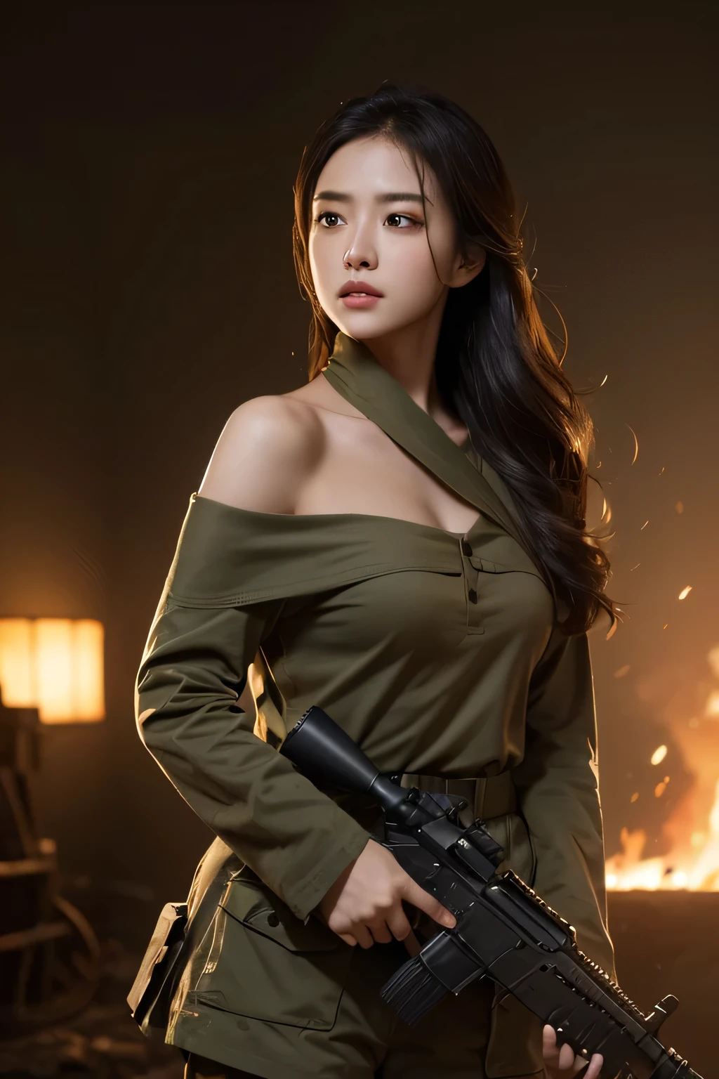 Best quality, masterpiece, ultra high res, (photorealistic:1.4), raw photo, 1girl, cinematic lighting, military uniform, off shoulder, single bare shoulder, holding a rifle, war zone, muzzle blast, dust, ruins