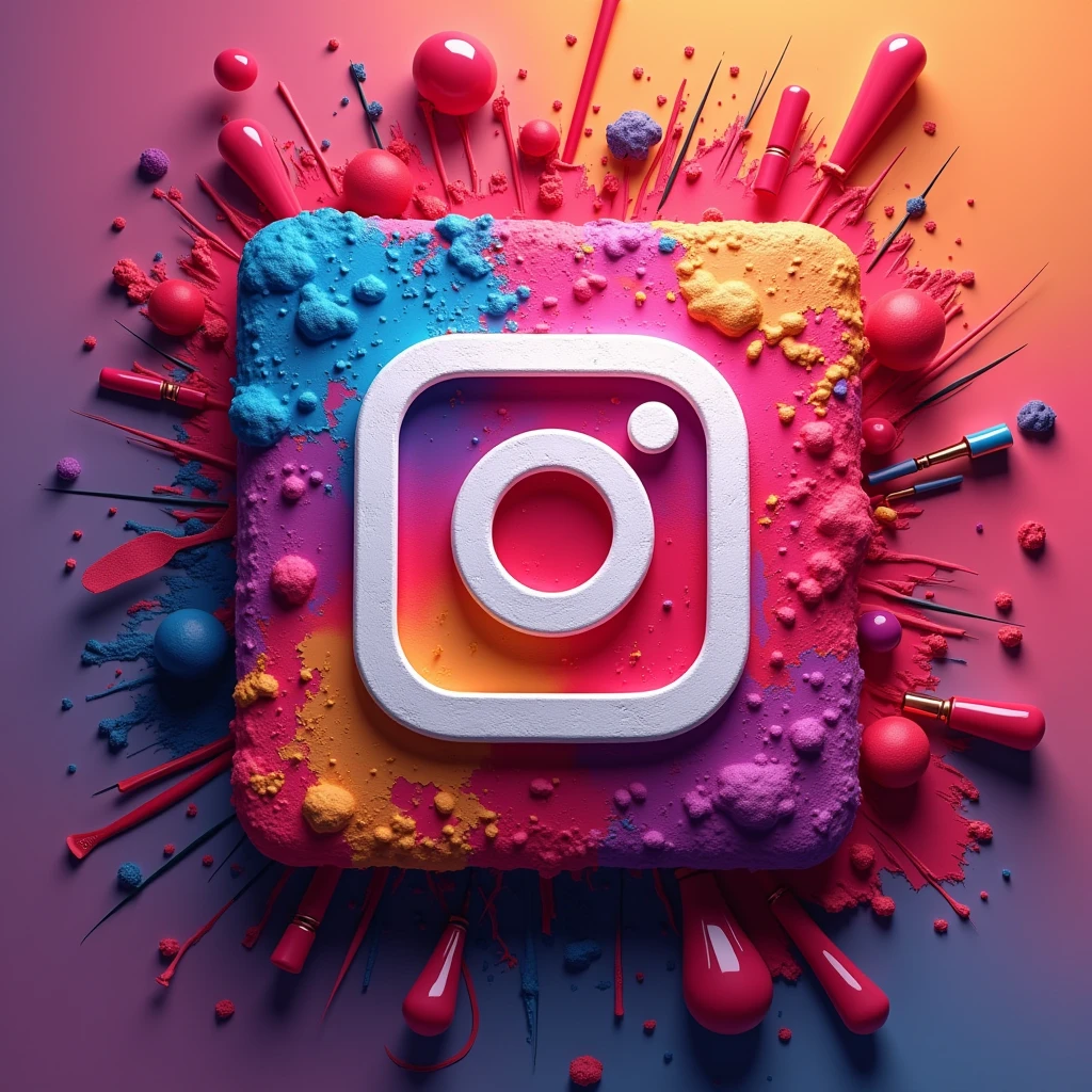 Creating a square Instagram logo in relief button shape. In the color square on the theme of cosmetics. Explosive.