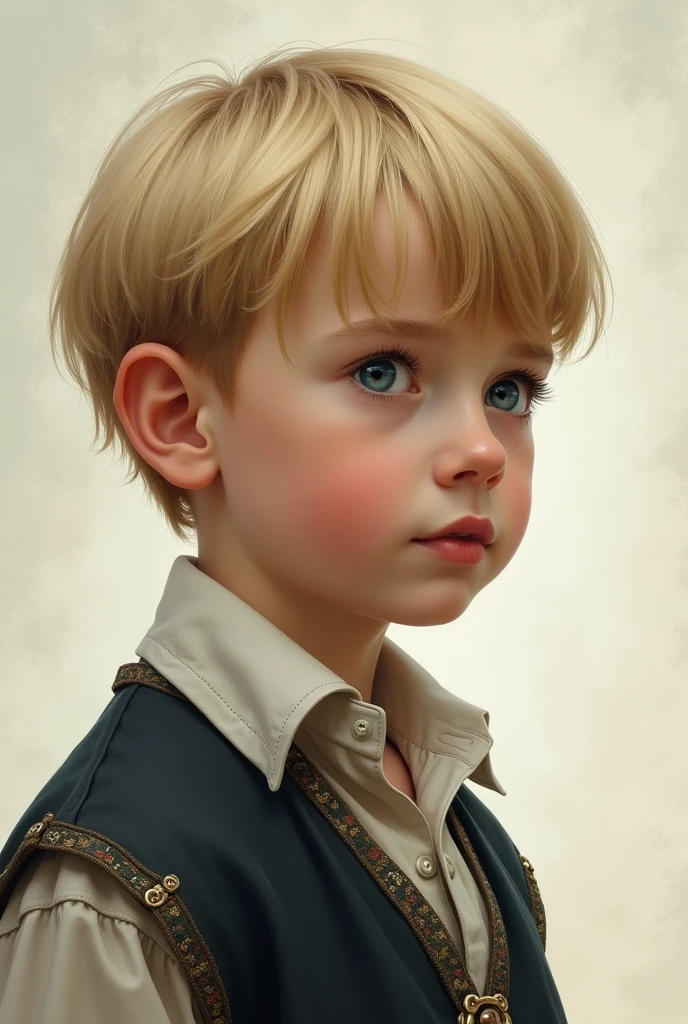 Russian boy, blond, bangs looking at the right,