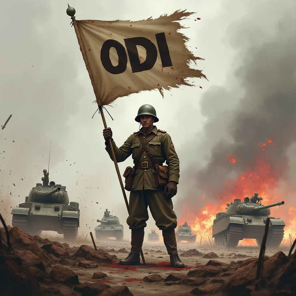 WWI soldier holding a banner with the word ODI in capital letters, in the middle of the battle, where there are tanks, horses, explosions and blood