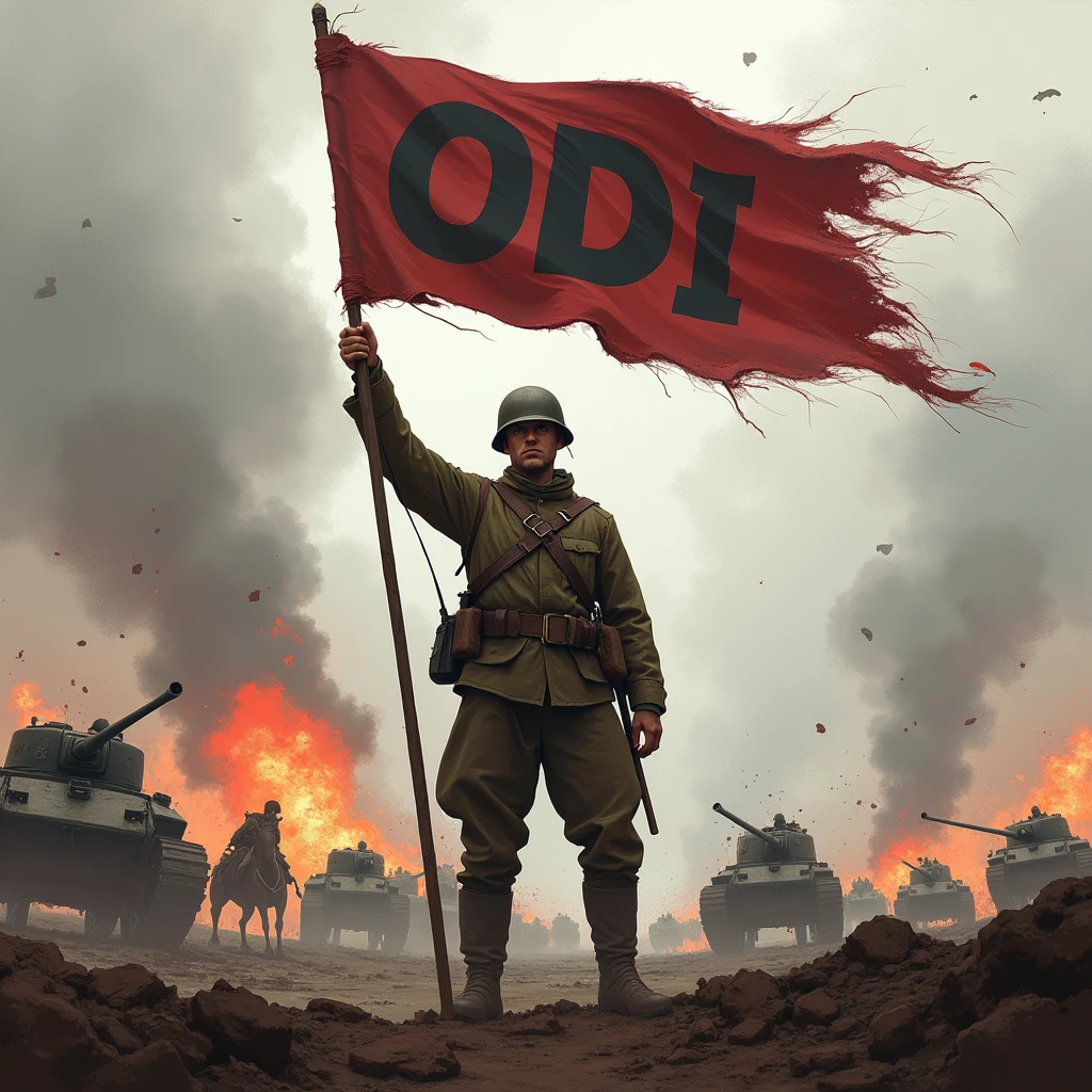 WWI soldier holding a banner with the word ODI in capital letters, in the middle of the battle, where there are tanks, horses, explosions and blood