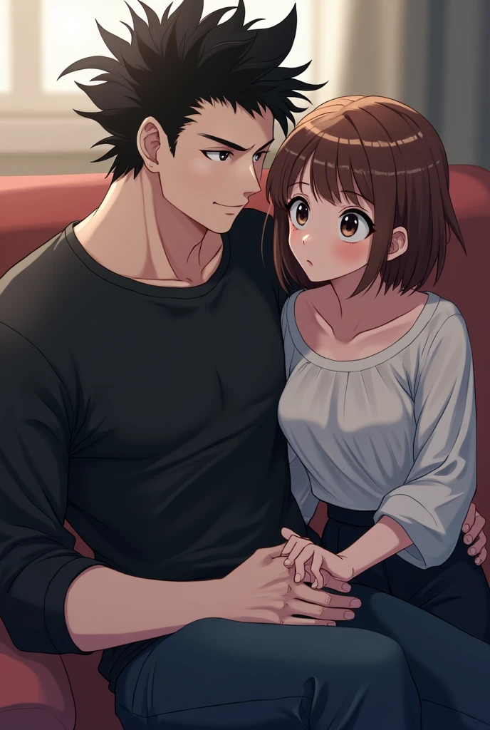 White-skinned anime boy with a robust body, with black hair combed in a spiked style. Wearing a black thermal shirt sitting with a white-skinned anime girl with short brown hair and different-colored eyes.