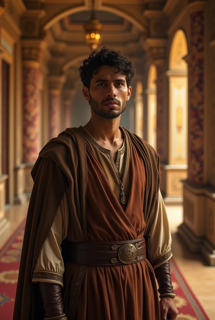 A realistic cinematic photo, Daniel from the Bible in Babylon. calm, palace, kingdom. peace, divine protection. dark