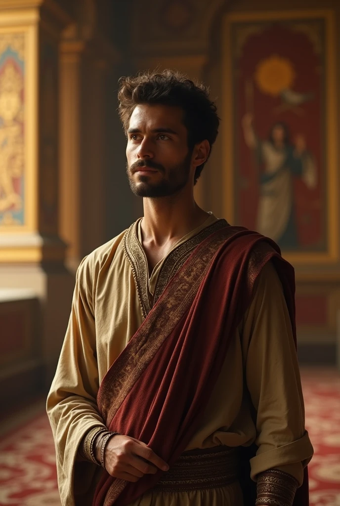 A realistic cinematic photo, Daniel from the Bible in Babylon. calm, palace, kingdom. peace, divine protection. dark