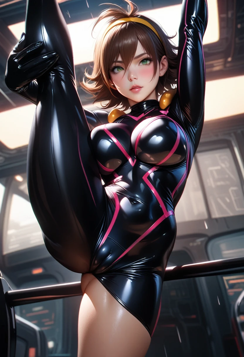 Rain Mikamura,yellow headband,perfect hands, perfect finger,perfect anatomy, masterpiece, best quality,realistic, hyperrealistic, 16k hdr,1girl, large breasts,erected nipples,brown hair, medium hair,green eyes,mobile trace suit, shoulder armor with antenna,(pink and black latex bodysuit,skin tight:1.1), cockpit,from below,red blush,spread legs,cameltoe,(One Leg Standing Splits:1.5)