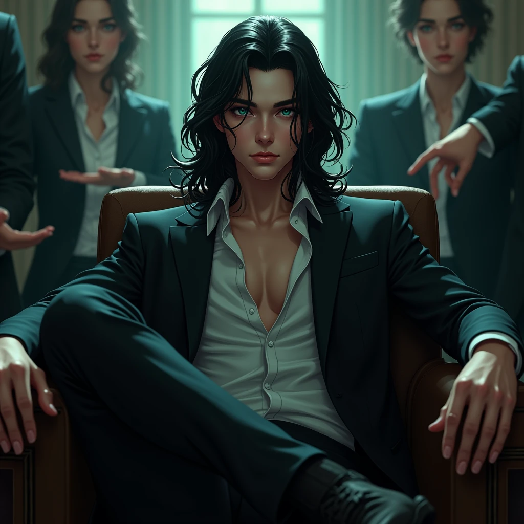 long black hair, teal blue eyes, long lashes, white and pale skin. smooth. (((masterpiece))) male. Young male. sexy. No facial hair or body hair. Delicate and pretty facial features. He's a young, sexy mafia boss. Crossing legs and sitting on his chair. People are obeying him. Hes a mafia boss