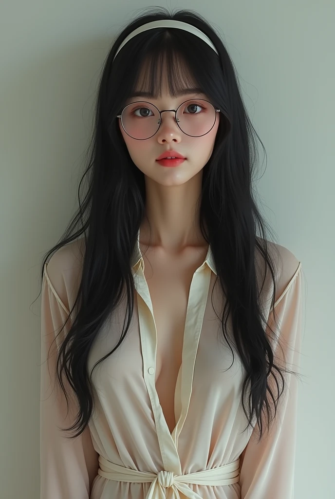(Wearing glasses:1.4), Long Black Hair, Wearing a thin, Lightweight long shirt dress, Shining Eyes,Eyebrows hidden under hair, Full body portrait, One person, Anatomically correct, vision, High resolution, Portrait Photography, Straight Hair, Small breasts, hair band, look up, (Highest quality,4K,8k,High resolution,masterpiece:1.2),Very detailed,(Realistic,photoRealistic,photo-Realistic:1.37),Erect nipples,Baby Face