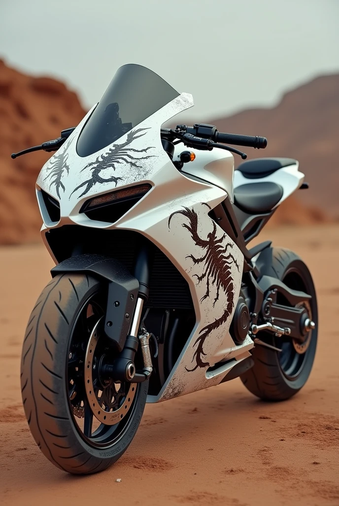 White off-road motorcycle with a scorpion sticker covering the motorcycle 