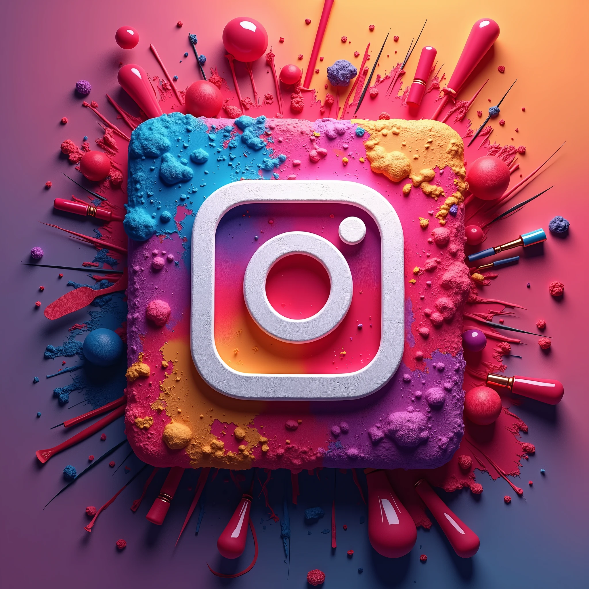 Creating a square Instagram logo in relief button shape. In the color square on the theme of cosmetics. Explosive. 