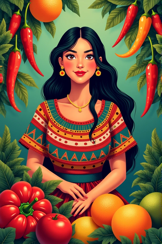 Create an image for a Fruits and Vegetables business " THE OAXACAN." That includes a young and beautiful Oaxacan woman