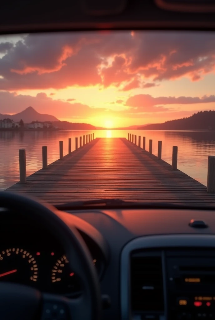 view from inside the car of a pier with a warm-toned sunset behind