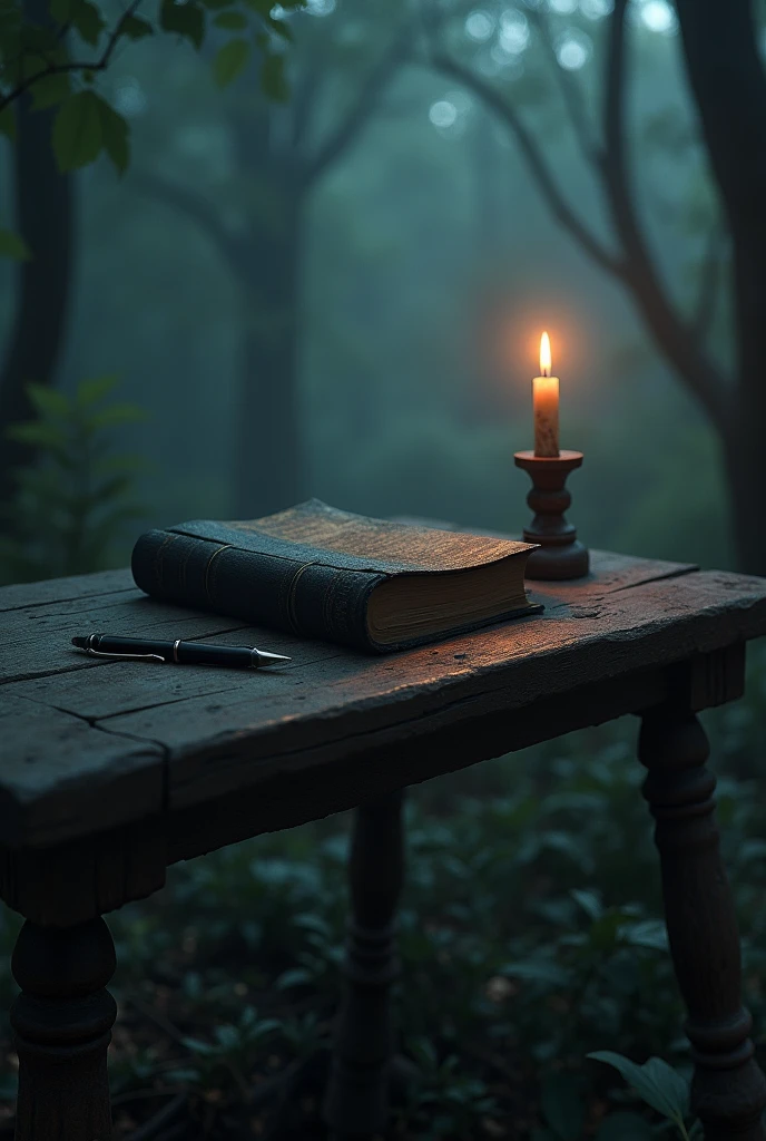 Black book, extended four-legged table, lit candle, pen lying down, dark forest landscape.