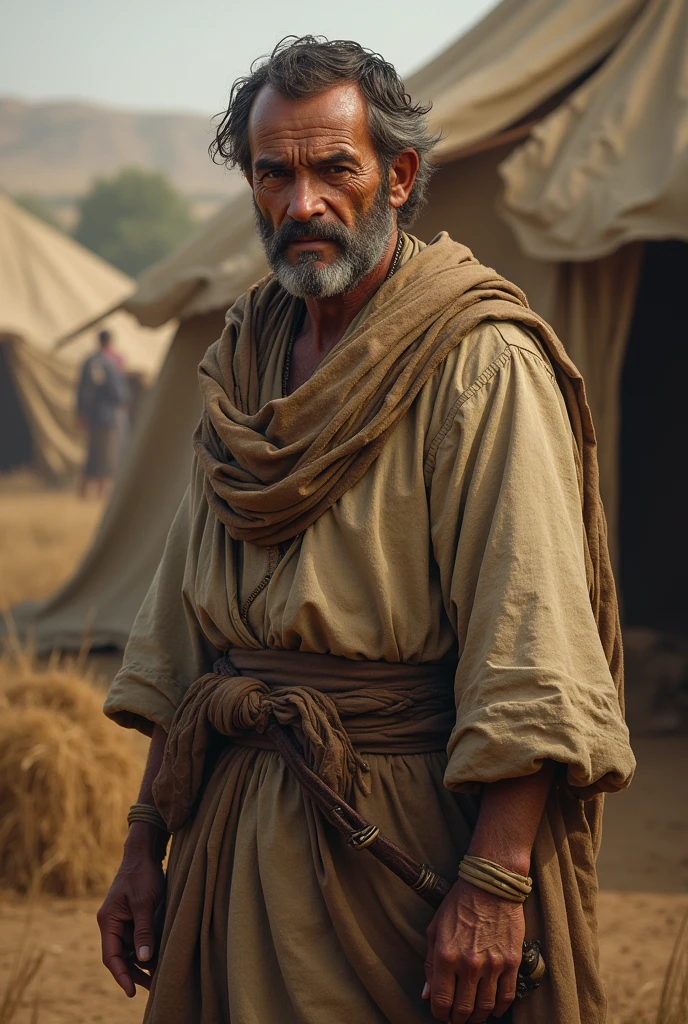 "Create a portrait of one of Job's servants. The servant should appear humble and hardworking, dressed in simple, worn clothing appropriate for ancient times. He is shown in a modest setting, perhaps carrying tools or attending to livestock. His expression reflects both dedication to his work and the quiet resilience of someone living in challenging circumstances. The background could include elements of Job's household, such as a tent or fields, to give context to his role."