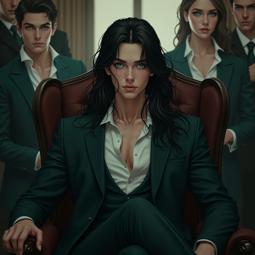 long black hair, teal blue eyes, long lashes, white and pale skin. smooth. (((masterpiece))) male. Young male. ????. No facial hair or body hair. Delicate and pretty facial features. He's a young, ???? mafia boss. Crossing legs and sitting on his chair. People are obeying him. Hes a mafia boss
