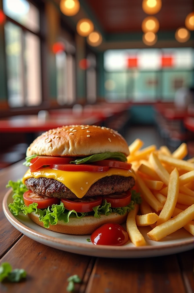 Hamburger with French fries