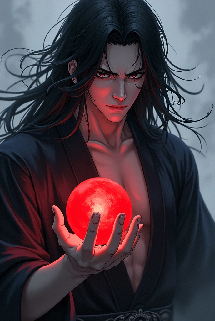 black haired, cold looking man, black eyes, long hair, majestic features, wearing a kimono, holding a glowing red ball of energy in his hand, novel cover.