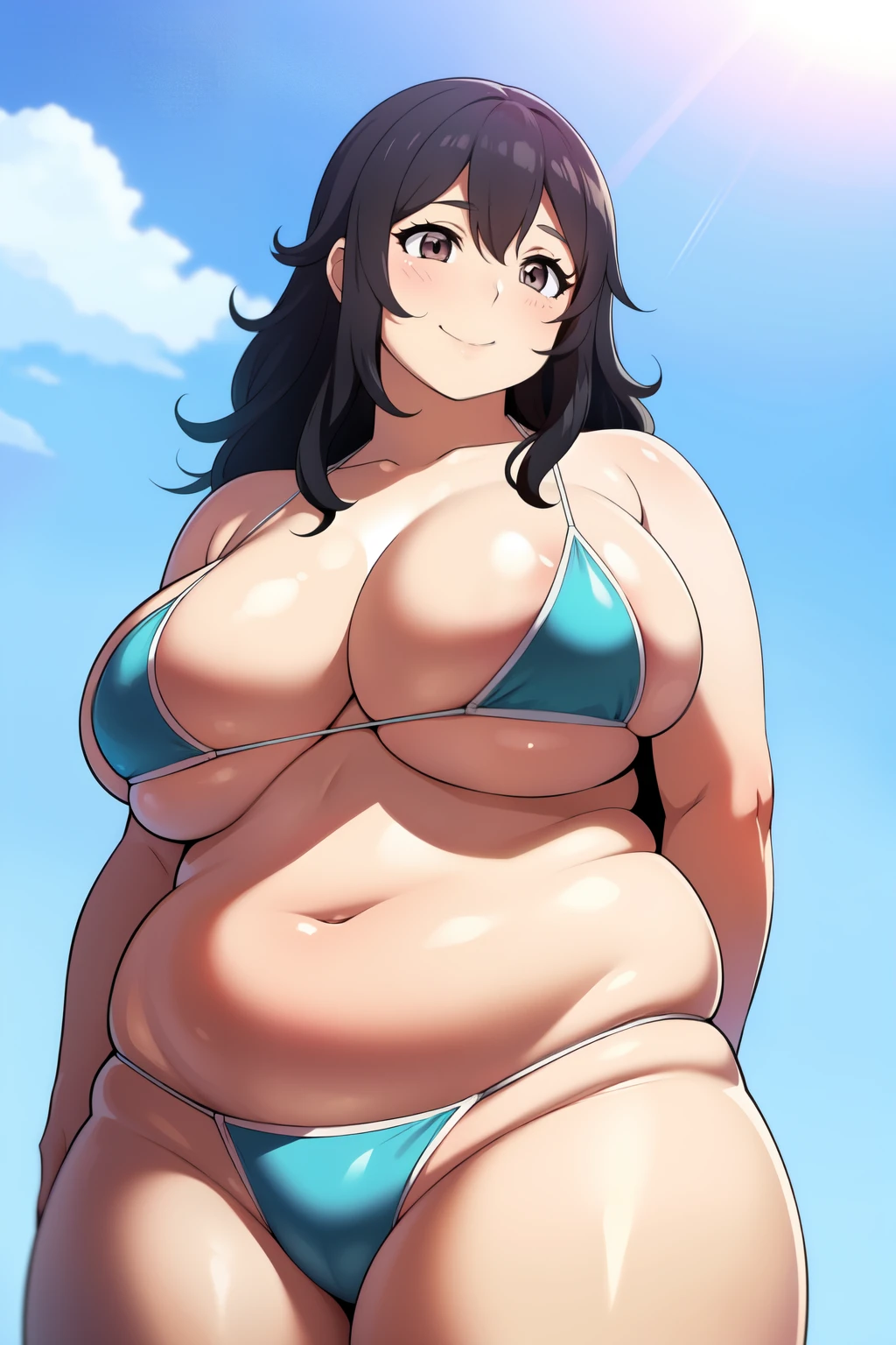 Plump year 21 big breasts black hair brown eyes happy longer hair smile blushing deredere seen from below big breasts bikini