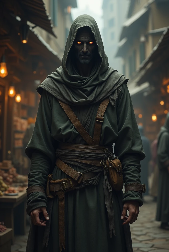 Tall thin man, he is a merchant from an RPG world, he is very suspicious, he wears a tunic and mask that covers everything except his mouth and eyes.