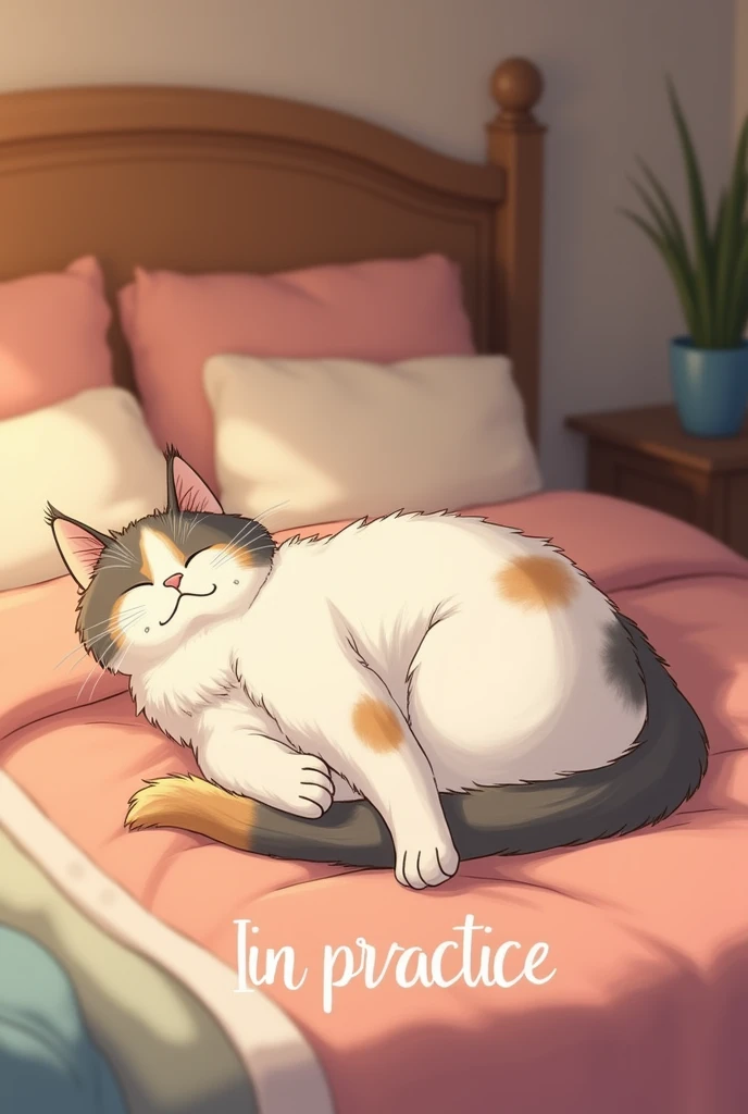 room,bed,gato arriba de la bed, Female cat,adult,White color,orange,gray,with stains,straight hair, under the cat text, (in practice)
