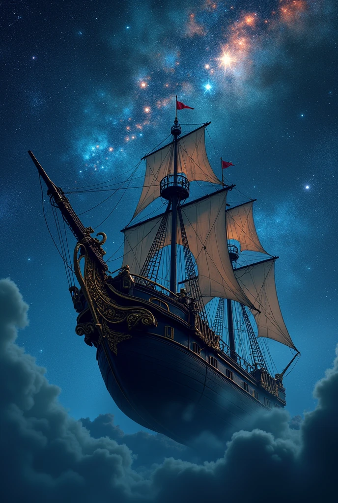 A realistic photo of a Portuguese black ship drifting in the middle of a starry sky, Celestial, Colorful stars々Shining night sky, Fantasy Theme, Cinema Lighting, Vivid lighting