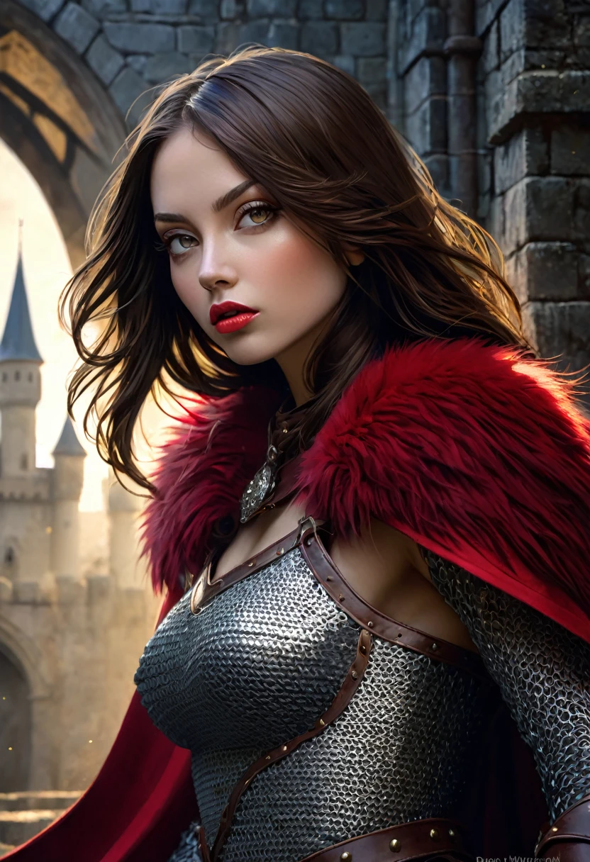 sexy girl, warrior, sexy chain mail armor, long straight dark brown hair, small breasts, red fur cape,, dynamic pose, in a battle, people fighting, castle,(best quality, 4k, 8k, high resolution, masterpiece: 1.2), ultra-detailed, (realistic, photorealistic, photorealistic: 1.37), details intricate, vivid colors, sharp focus, professional, Dave McKean artwork, surrealism oil touch, oil painting style, portrait, woman, beautiful detailed eyes, beautiful detailed lips, dreamy atmosphere, shadow play, lighting soft, fun pose, dark tones, ethereal background, fantasy elements, texture, layered composition.