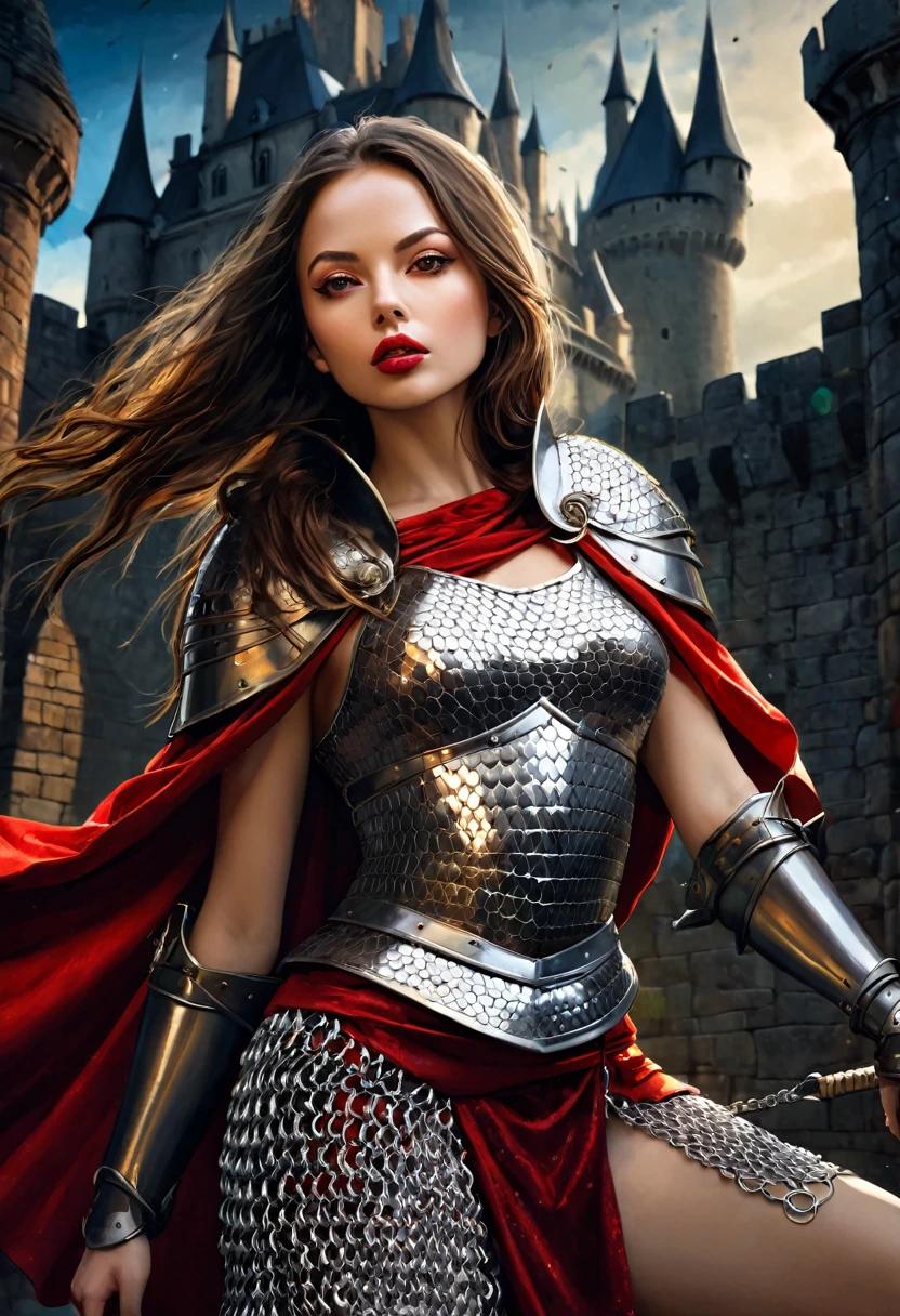 sexy girl, warrior, sexy chain mail armor, long straight dark brown hair, small breasts, red fur cape,, dynamic pose, in a battle, people fighting, castle,(best quality, 4k, 8k, high resolution, masterpiece: 1.2), ultra-detailed, (realistic, photorealistic, photorealistic: 1.37), details intricate, vivid colors, sharp focus, professional, Dave McKean artwork, surrealism oil touch, oil painting style, portrait, woman, beautiful detailed eyes, beautiful detailed lips, dreamy atmosphere, shadow play, lighting soft, fun pose, dark tones, ethereal background, fantasy elements, texture, layered composition.