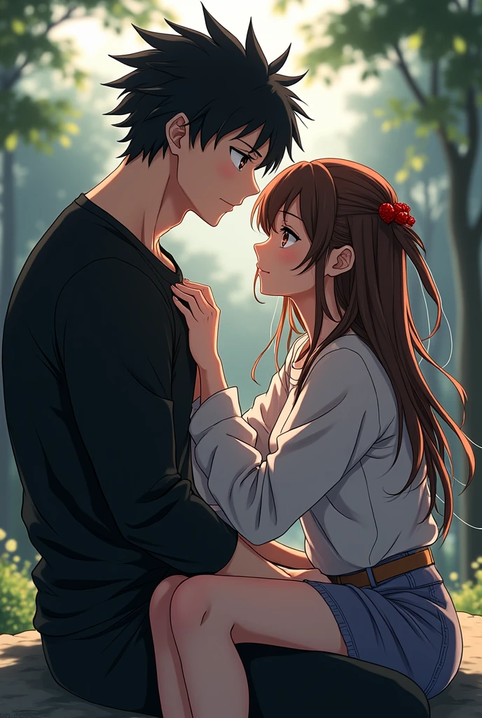 White-skinned anime boy with a robust body, with black hair combed in a spiked style. With a black thermal shirt sitting with a white-skinned anime girl with brown hair and two short red locks and eyes of different colors.