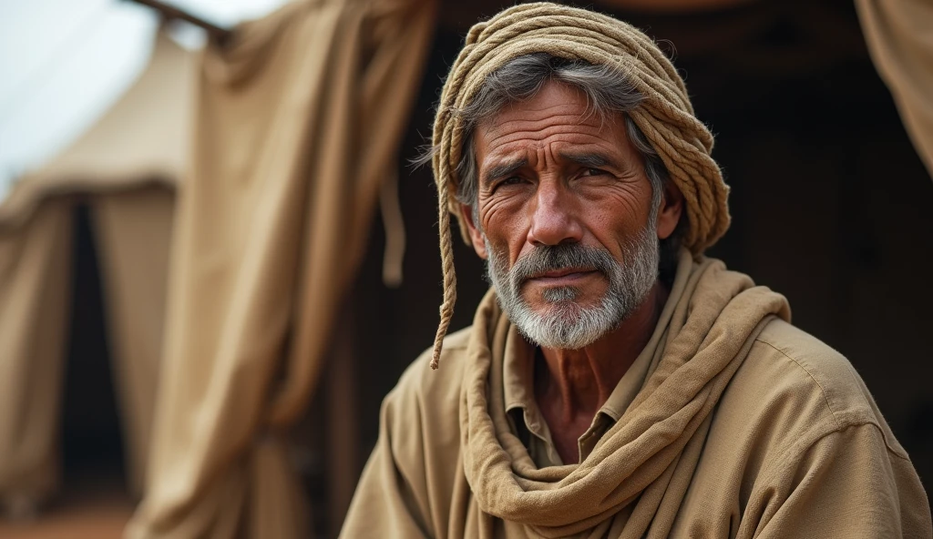 "Create a portrait of one of Job's servants. The servant should appear humble and hardworking, dressed in simple, worn clothing appropriate for ancient times. He is shown in a modest setting, perhaps carrying tools or attending to livestock. His expression reflects both dedication to his work and the quiet resilience of someone living in challenging circumstances. The background could include elements of Job's household, such as a tent or fields, to give context to his role."