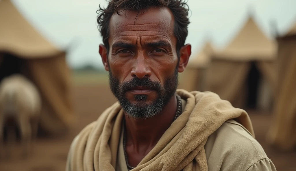 "Create a portrait of one of Job's servants. The servant should appear humble and hardworking, dressed in simple, worn clothing appropriate for ancient times. He is shown in a modest setting, perhaps carrying tools or attending to livestock. His expression reflects both dedication to his work and the quiet resilience of someone living in challenging circumstances. The background could include elements of Job's household, such as a tent or fields, to give context to his role."